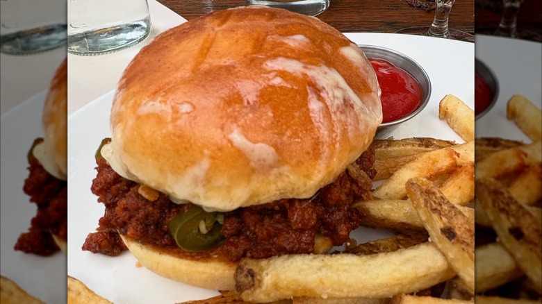 Longman & Eagle wild boar sloppy joe with jalapeños and a side of fries and ketchup
