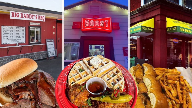 composite image of soul food plates like brisket, chicken and waffles, and sliders against soul food restaurants in background