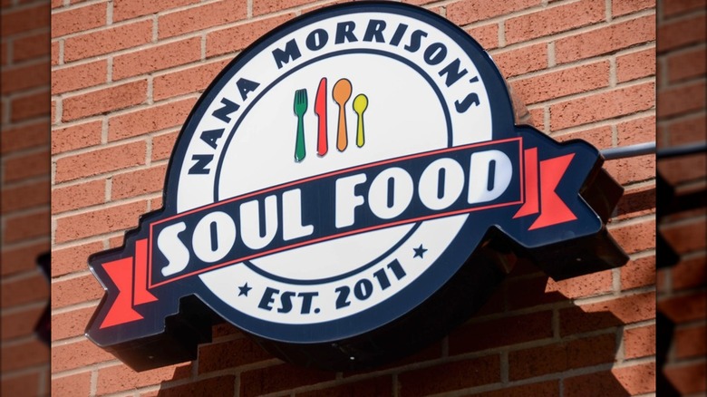 Nana Morrison's Soul Food logo on brick storefront