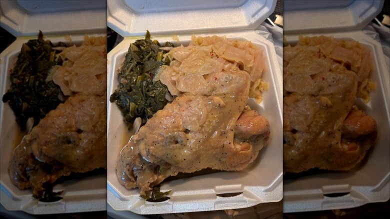 Sweet Georgia Brown smothered turkey in styrofoam container