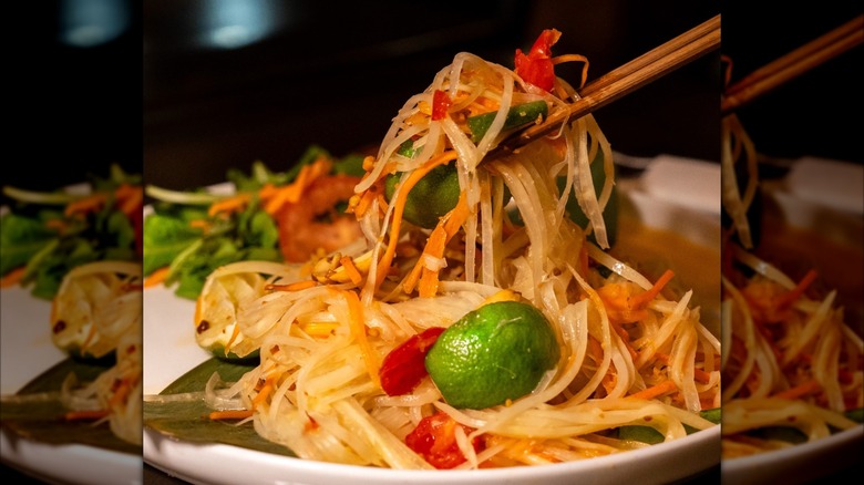 Thai noodle dish on plate at Som Dee Thai Kitchen