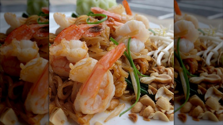 Pad Thai entree with shrimp, veggies, and chopped peanuts at Bangkok Boulevard restaurant