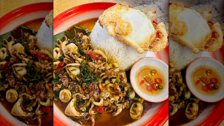 Kra Pao Thai dish with squid tentacles in sauce with rice and fried egg at Larb Thai-Isan restaurant