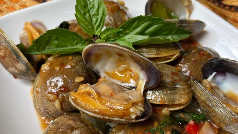 Pad Phet Hoi Thai dish with Thai basil and clams at Olay's Thai Lao Cuisine