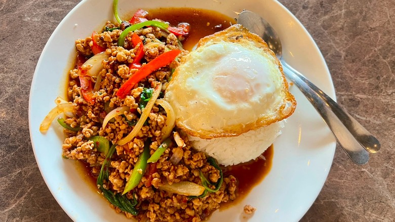 Pad ka prow Thai dish with ground pork and fried egg on top at Thai 208 Restaurant