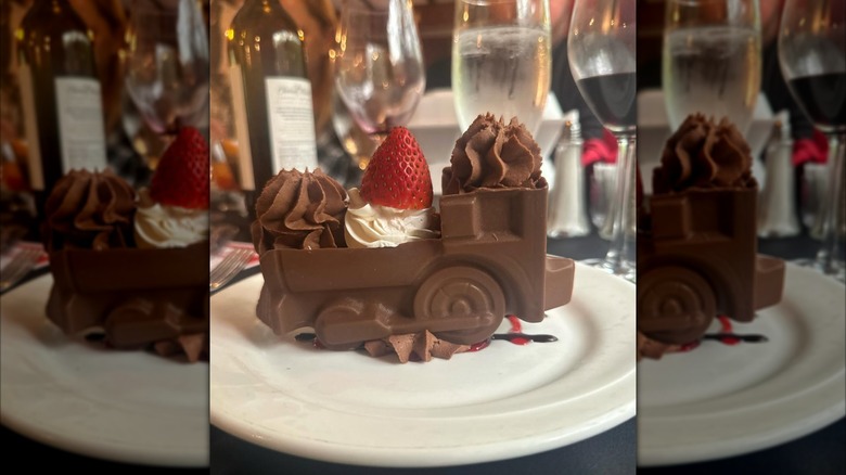 Chocolate train-shaped dessert on My Old Kentucky Dinner Train