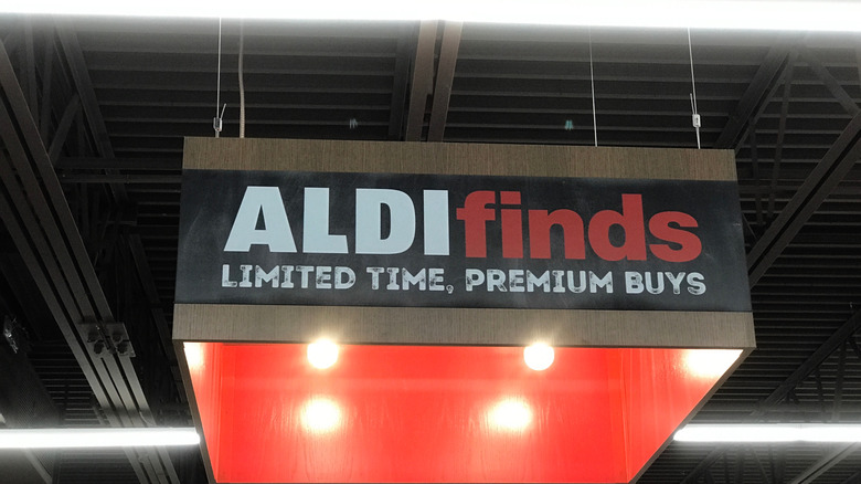 An Aldi Finds promotional sign inside of an Aldi location