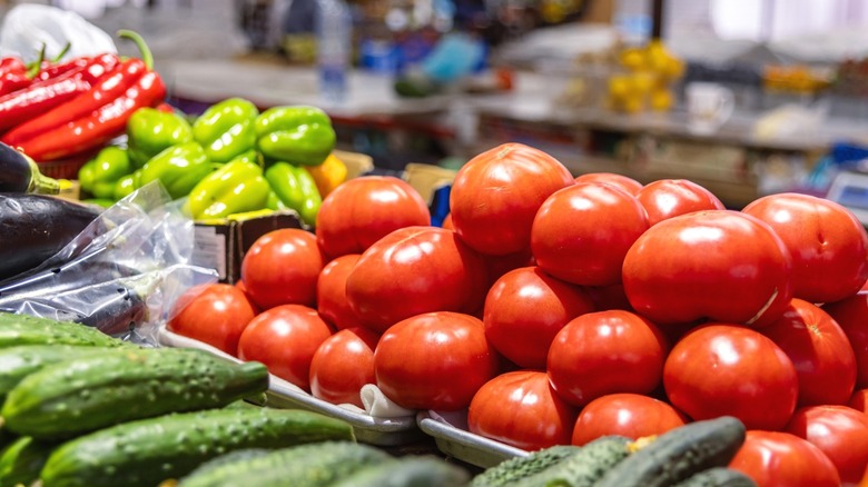 Ripe tomatoes at a farmers' market.
