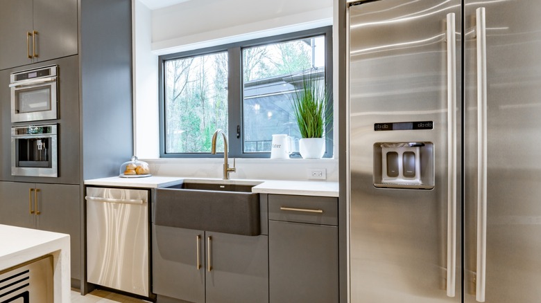 Double oven, dishwasher, sink, and refrigerator lined up along wall in residential kitchen.