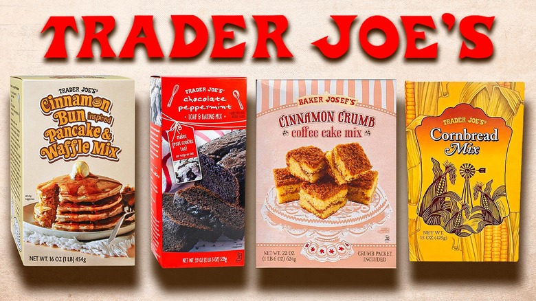 Red Trader Joe's sign over 4 boxed mixes: cinnamon bun pancake mix, chocolate peppermint loaf mix, cinnamon coffee cake mix, and cornbread mix