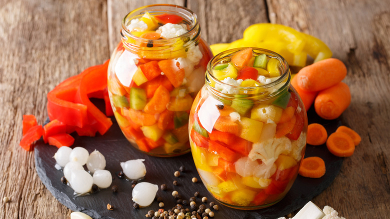 Jars of pickled Italian giardiniera