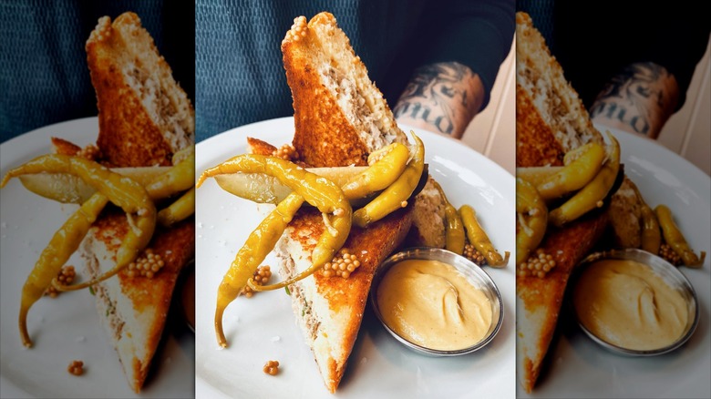 Agi's Counter tuna melt with house pickles and side of mustard