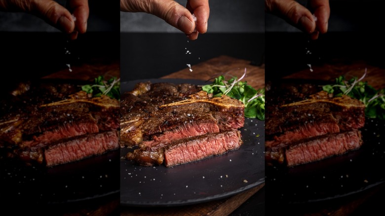 hand sprinkling coarse salt on steak