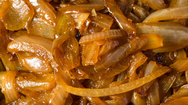 Closeup of pile of brown caramelized onions