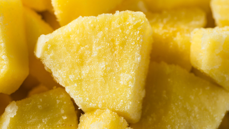 Frozen pineapple chunks up close.