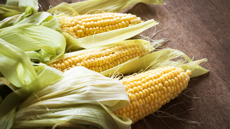 Fresh corn in green husks on a wooden surface