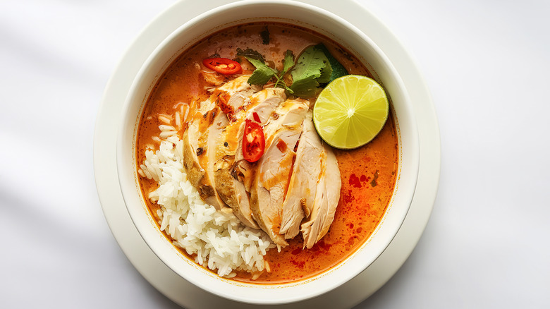 Chicken in a red curry sauce with rice and lime