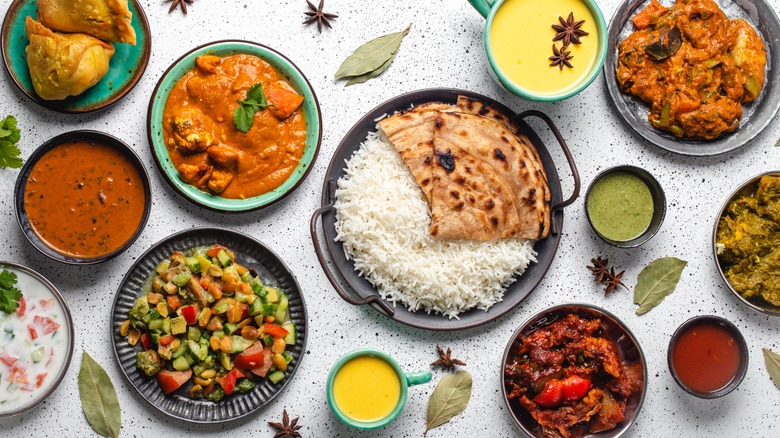 A spread of Indian foods.