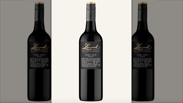 Langmeil Long Mile Shiraz Bottle on beige background