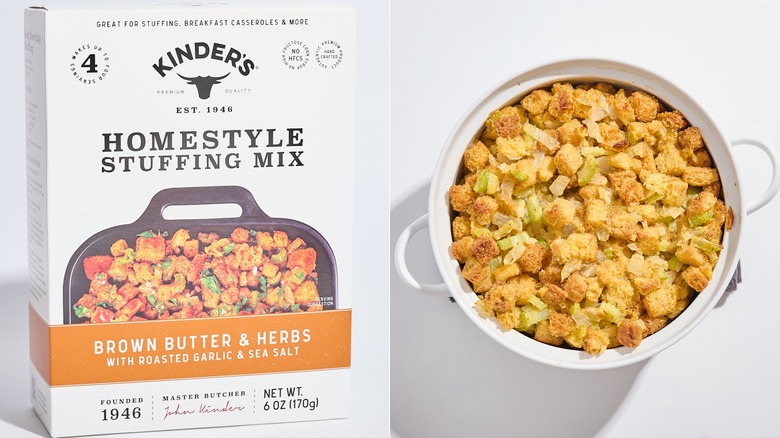Box of Kinder's stuffing mix next to a casserole dish of stuffing