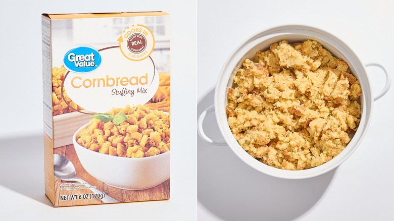 Box of Great Value cornbread stuffing next to casserole dish of stuffing