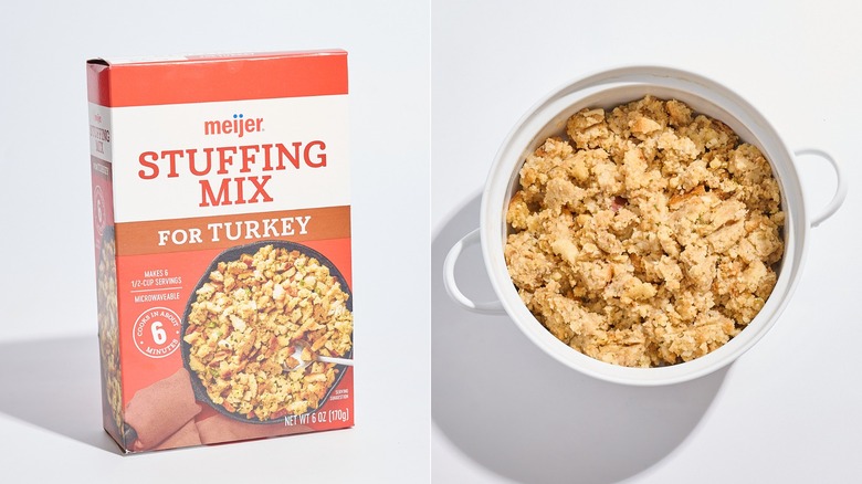 Box of Meijer stuffing mix for turkey next to casserole dish of stuffing