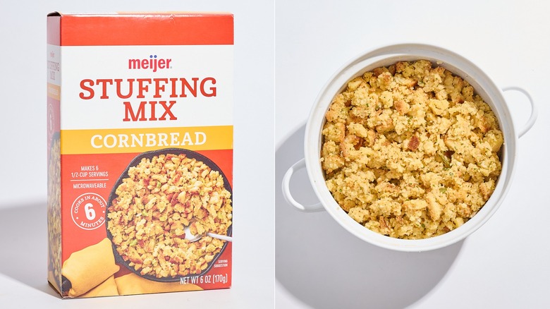 Box of Meijer stuffing next to casserole dish of stuffing