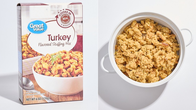 Box of Great Value stuffing next to a casserole dish of stuffing