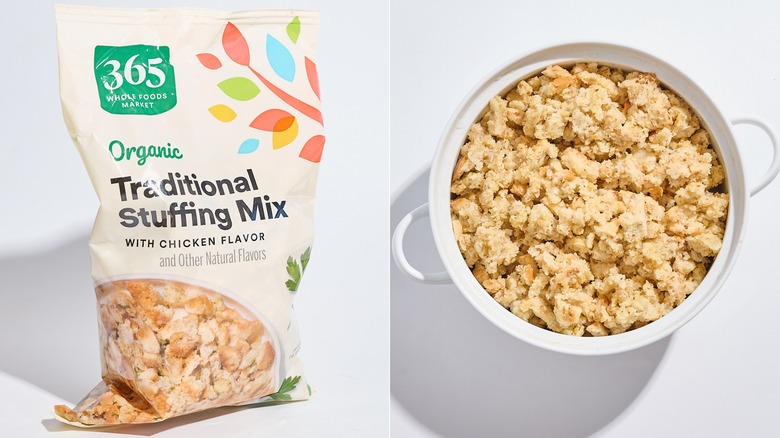 Bag of Whole Foods stuffing mix next to a casserole dish of stuffing