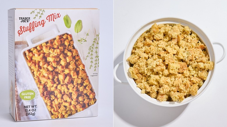 Box of Trader Joe's Gluten Free stuffing mix next to a casserole dish of stuffing