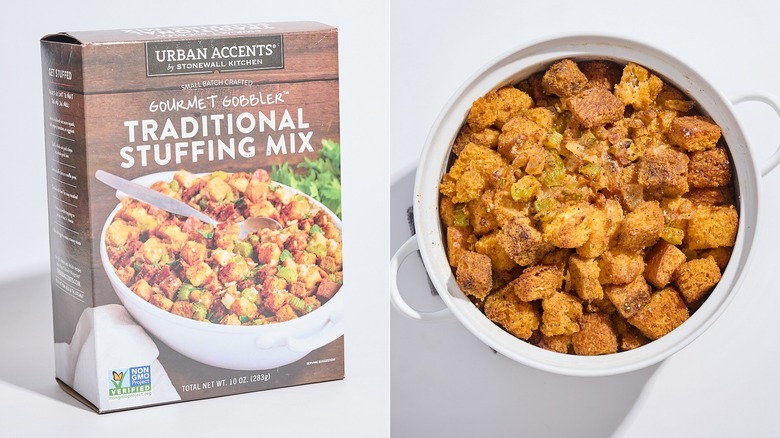 Box of Urban Accents stuffing mix next to a casserole dish of stuffing
