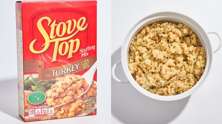 Box of Stove Top turkey stuffing mix next to casserole dish of stuffing