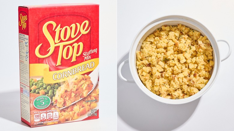Box of Stove Top stuffing next to casserole dish of stuffing