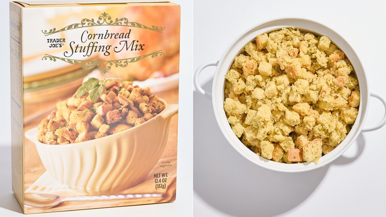 Box of Trader Joe's stuffing mix next to casserole dish of stuffing