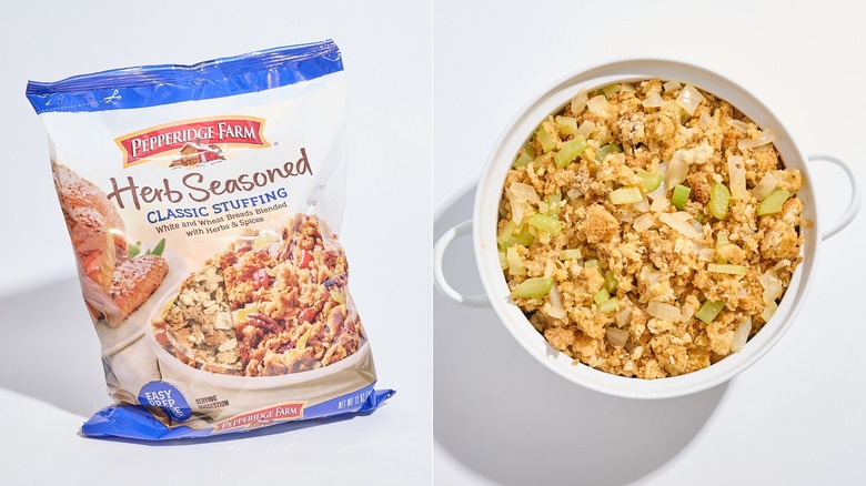 Bag of Pepperidge Farm herb stuffing mix next to casserole dish of stuffing