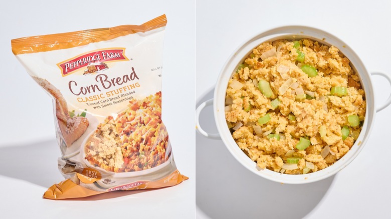 Bag of Pepperidge Farm stuffing next to casserole dish of stuffing