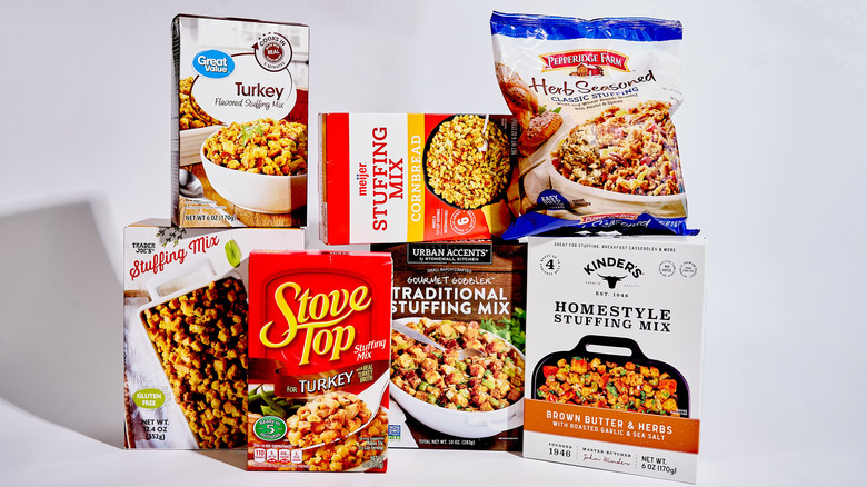 Bags and boxes of stuffing mix on a table