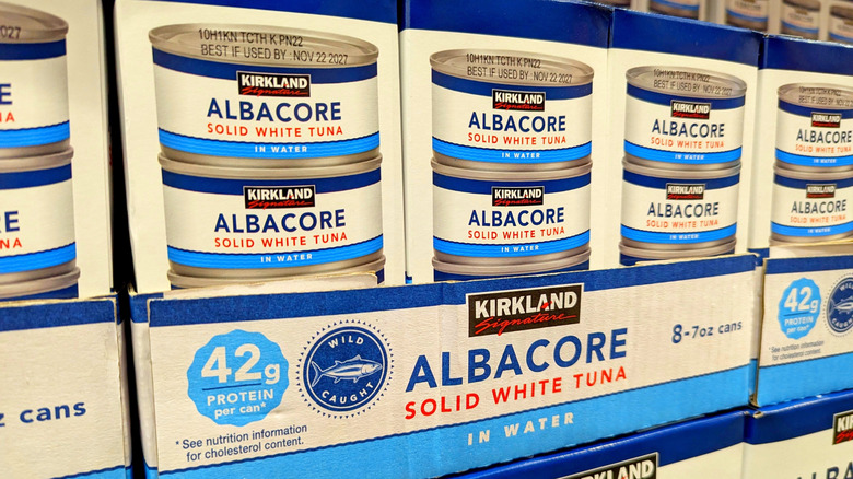 Stacked boxed of Kirkland Signature Albacore white tuna