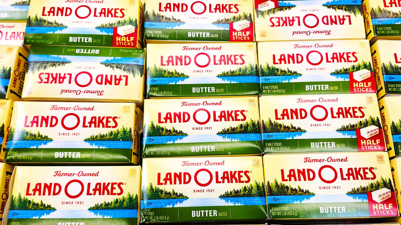 Rows of boxes of Land O Lakes butter