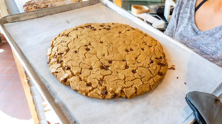 Hands holding a tray featuring a giant chocolate chip cookie