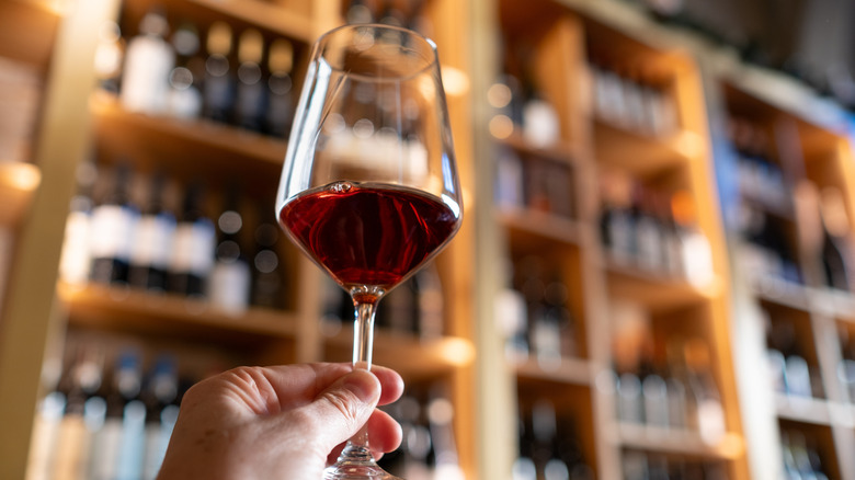 Hand holding up a glass of red wine in front of shelves of wine bottles