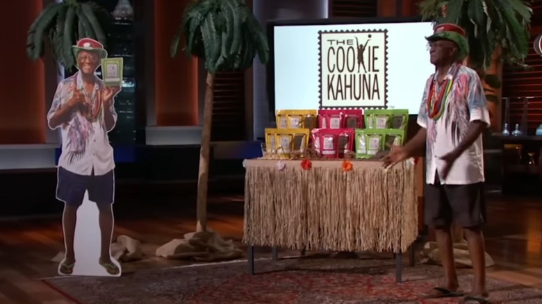 Wally Amos with a display of Cookie Kahuna on Shark Tank