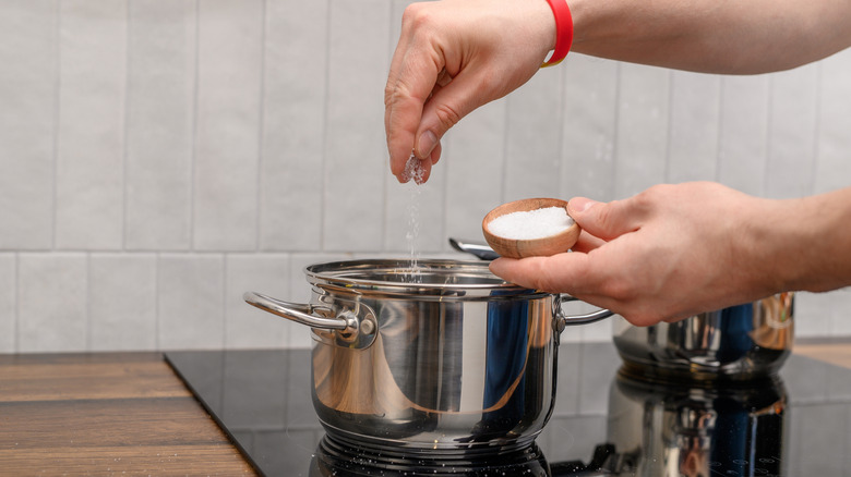 Fingers adding salt to pot on stove