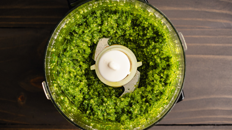 Food processor bowl with pesto