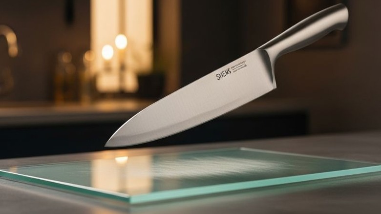 A knife poised mid air over a glass cutting board