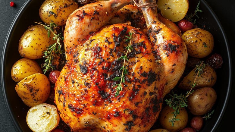 Roasted chicken and potatoes topped with fresh herbs