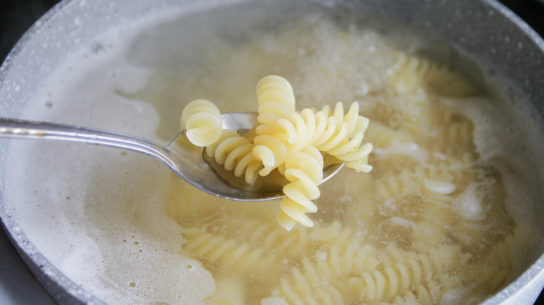 A few fusili noodles held on a spoon over a pot of boiling water with pasta init
