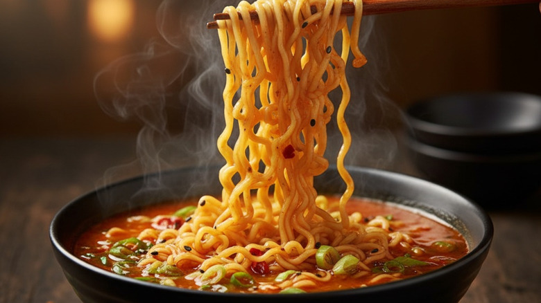 a black bowl of spicy ramen with noodles being picked up out of it by chopsticks