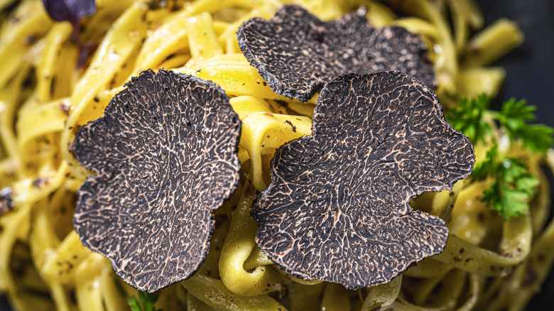 Close-up of fresh black truffle slices on top of pasta