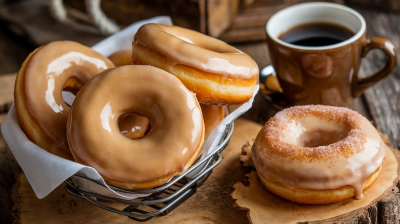 Maple glazed donuts with a cup of coffee